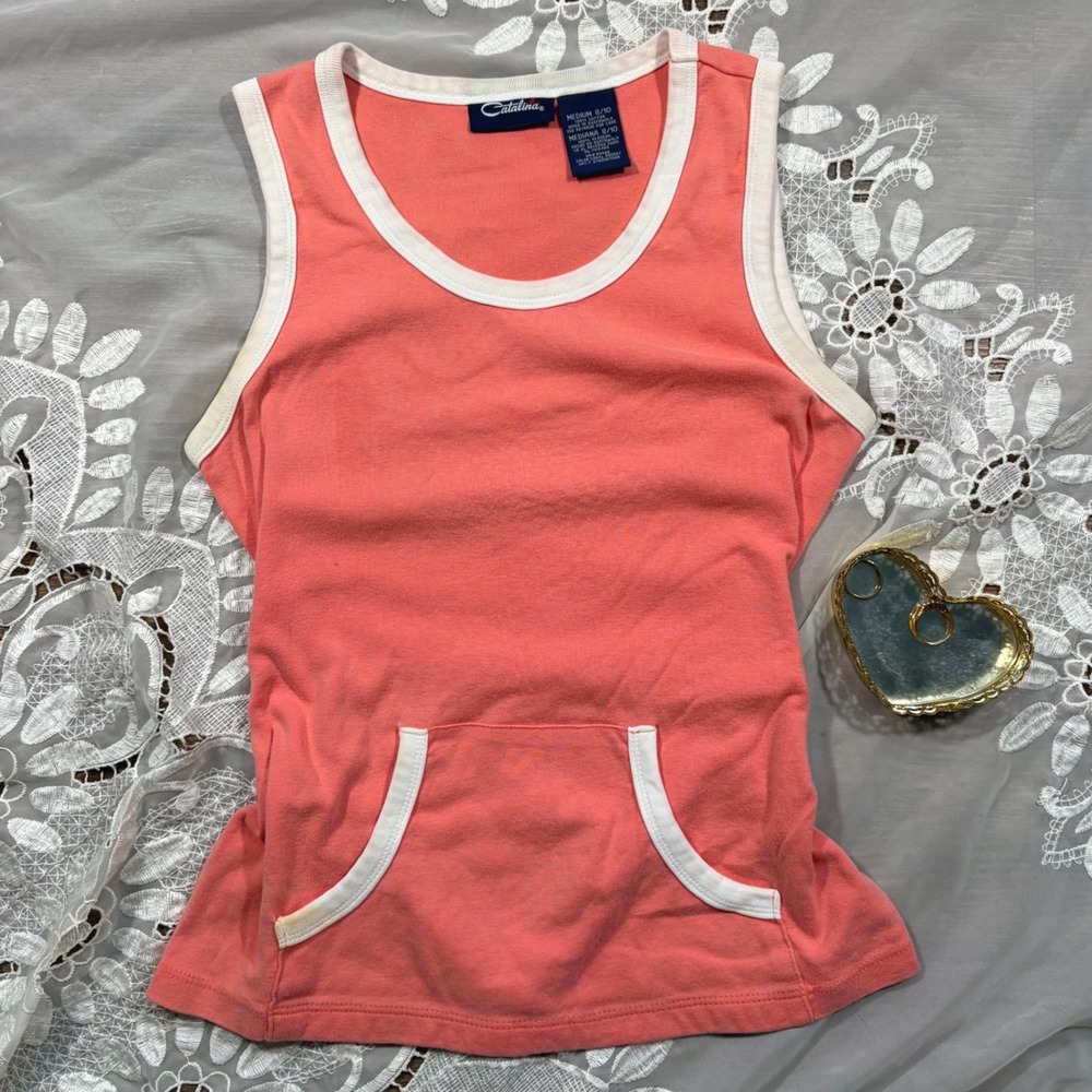 Y2K Workout Cutie Coral Pink Ringer Tank Top Kangaroo Pocket Cotton Size M 8/10